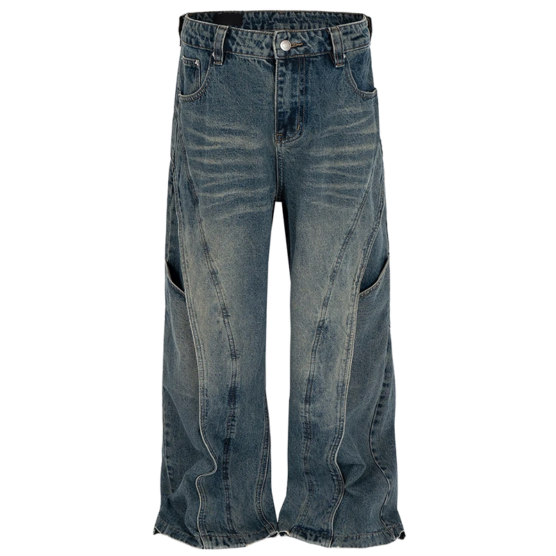 Overlaid Spiral-Cut Wide Leg Denim Jeans