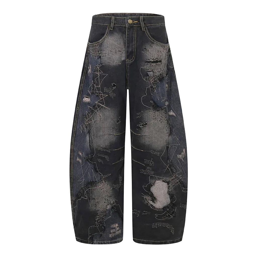 'Ruin' Charcoal Wash Distressed Wide Leg Denim Jeans