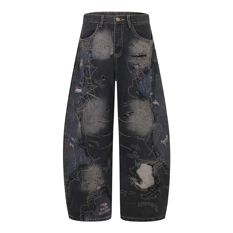 'Ruin' Charcoal Wash Distressed Wide Leg Denim Jeans