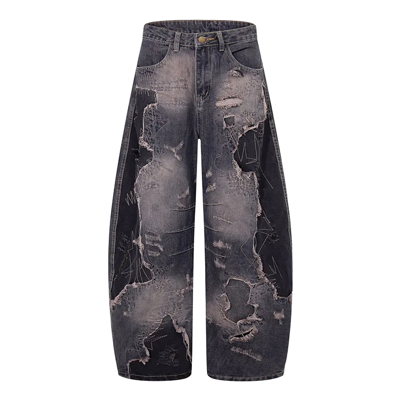 'Ruin' Charcoal Wash Distressed Wide Leg Denim Jeans