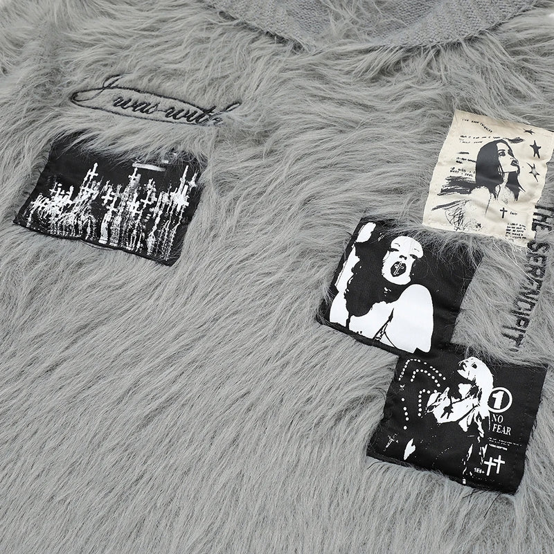 'Ink' Graphic-Patch Oversized Fur Hoodie