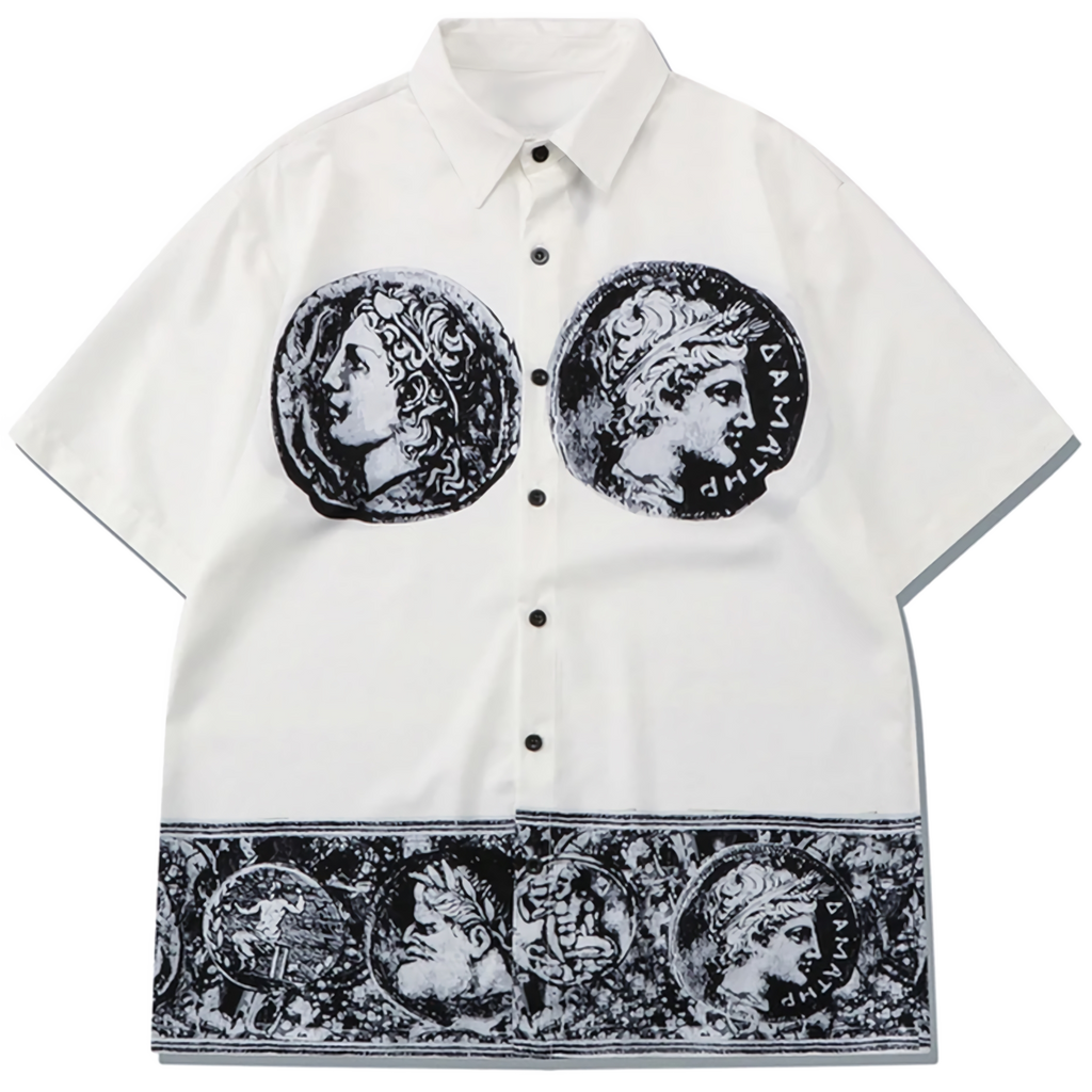 'Fortune' Tetradrachm Print Short Sleeve Button Up