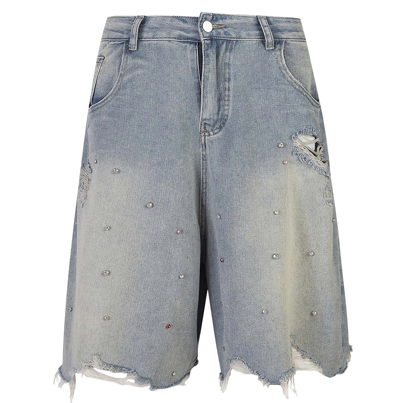 Ken Vibe Rhinestone Studded Distressed Denim Shorts