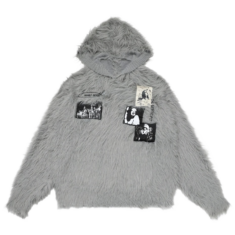 'Ink' Graphic-Patch Oversized Fur Hoodie