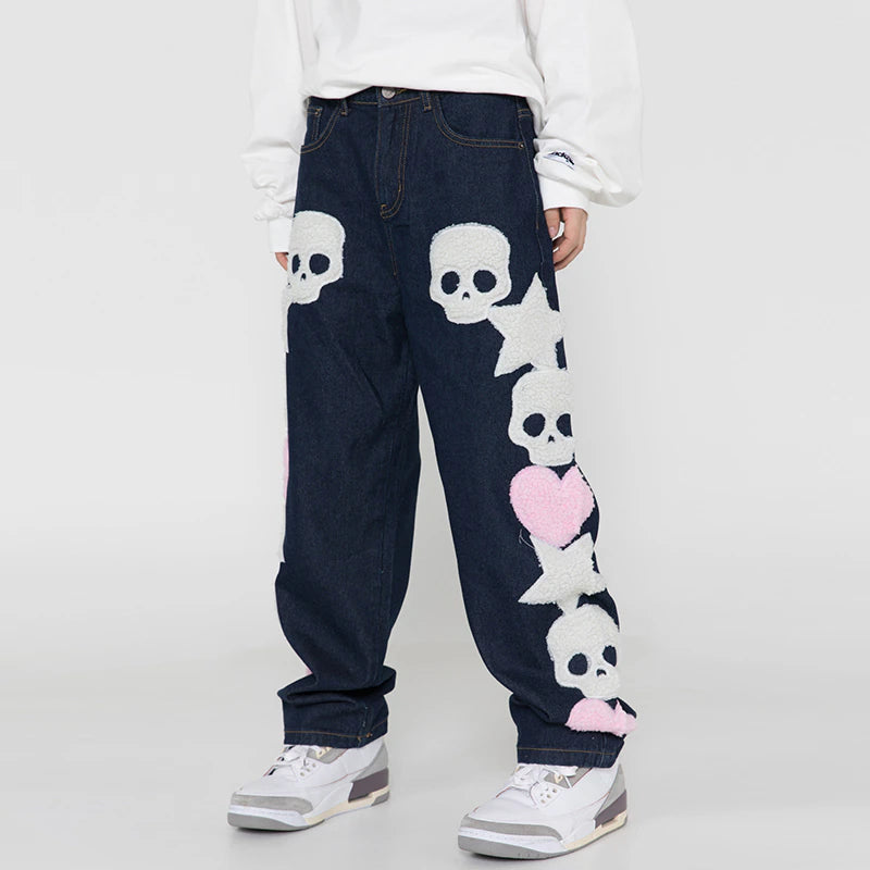 Custom design of blue denim jeans with ripped knees and patches on Craiyon
