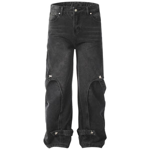 'Orbital' Strapped Cuff Stacked Denim Jeans