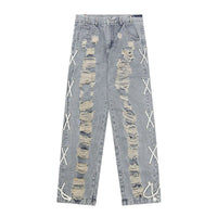 Retro Cross Lace Distressed Denim Jeans