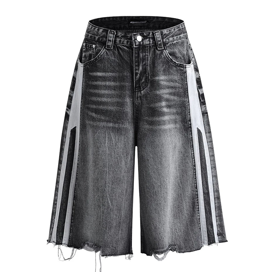 Contrast Panel Baggy Denim Shorts