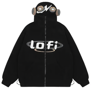 'Lo-Fi'  Embroidered Plush Fleece Zip Up Hoodie