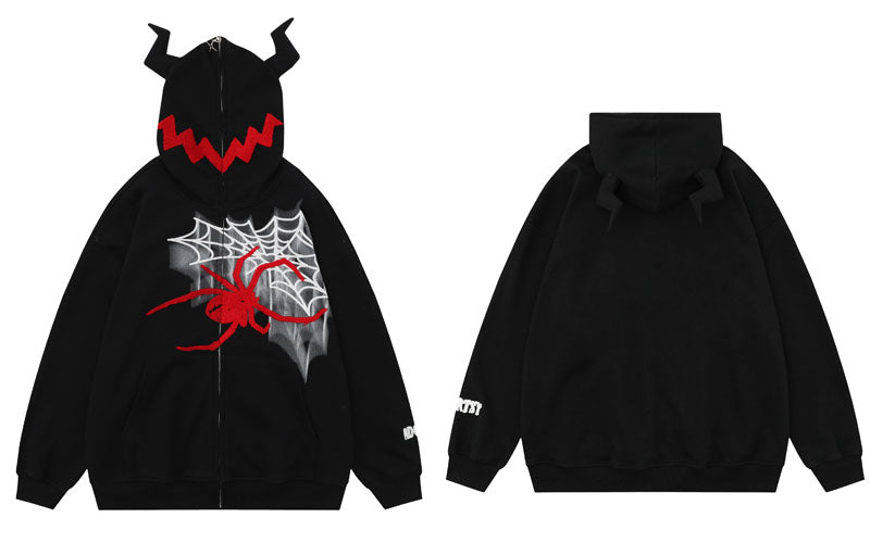 'Crawler' Full Zip Hoodie with Textured Spider Embroidery