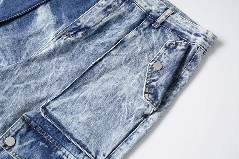 Acid Wash Wide Leg Denim Cargo Jeans