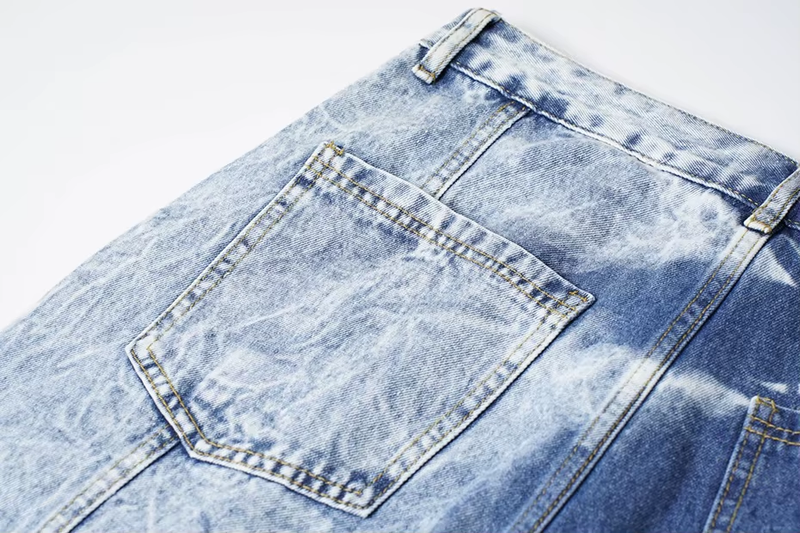 Acid Wash Wide Leg Denim Cargo Jeans