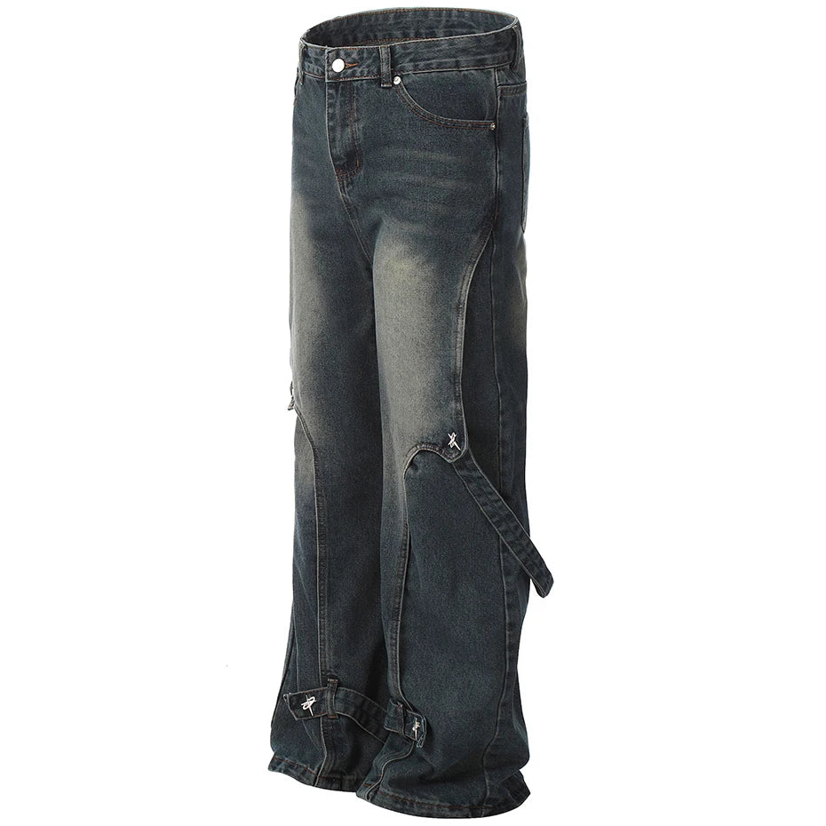 'Orbital' Strapped Cuff Stacked Denim Jeans