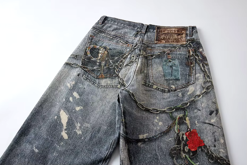 Distressed Chain-Detailed Baggy Denim Jeans