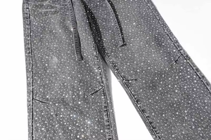 Rhinestone Embellished Gray Denim Jeans