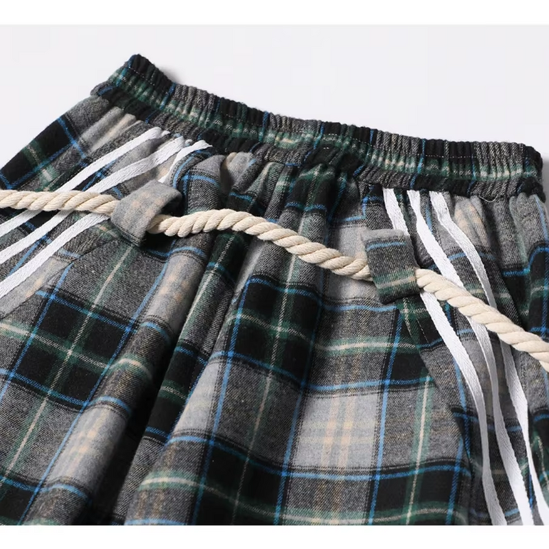 Plaid Lounge Pants with Braided Hemp Rope Belt