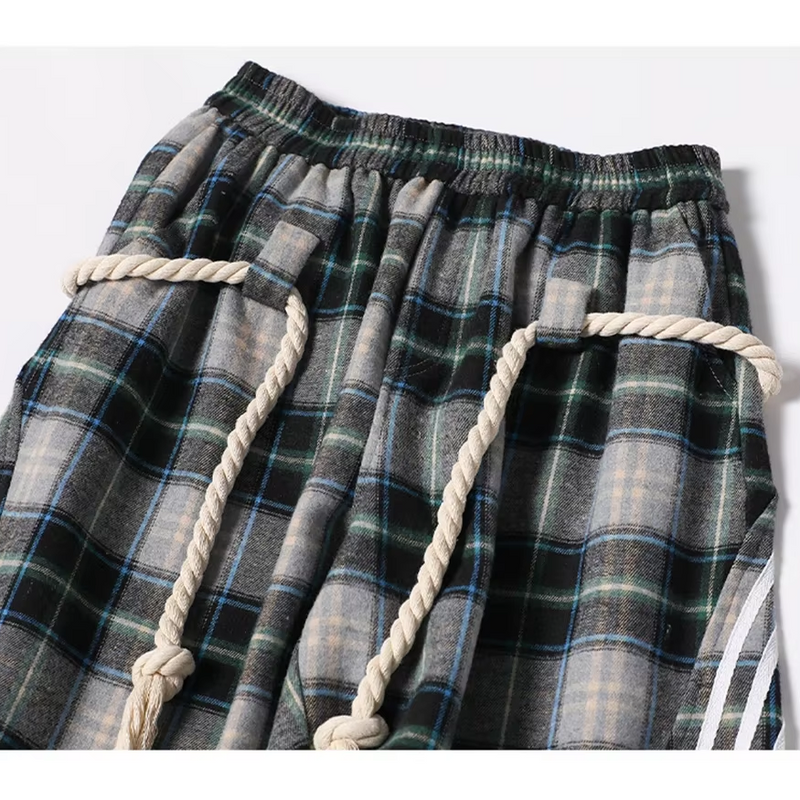 Plaid Lounge Pants with Braided Hemp Rope Belt