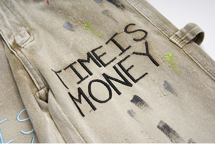 'Time is Money' Embroidered Denim Jeans with Custom Paint Splatter