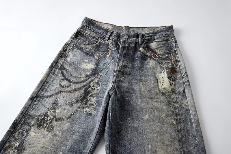 Distressed Chain-Detailed Baggy Denim Jeans