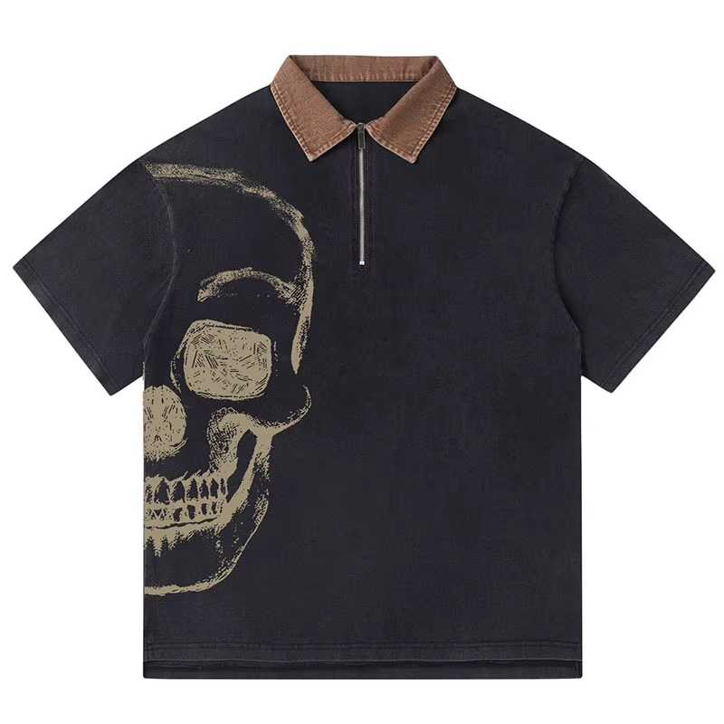 'Grim' Vintage Quarter-Zip Polo T-Shirt