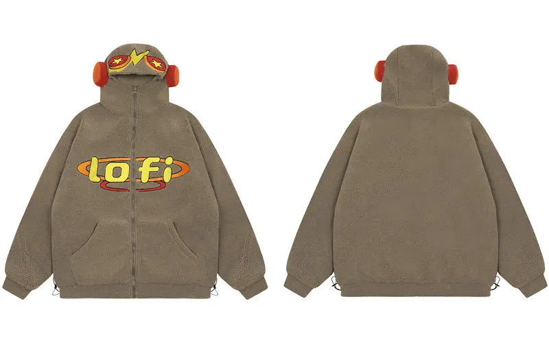 'Lo-Fi'  Embroidered Plush Fleece Zip Up Hoodie