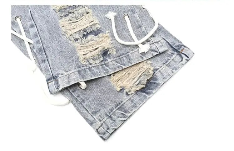 Retro Cross Lace Distressed Denim Jeans