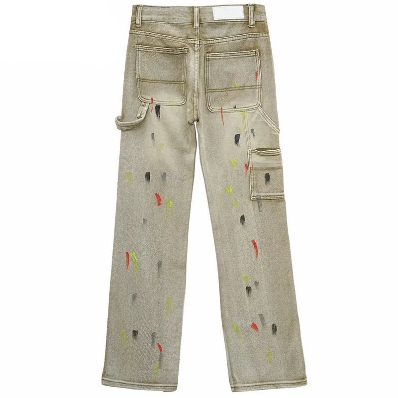 'Time is Money' Embroidered Denim Jeans with Custom Paint Splatter