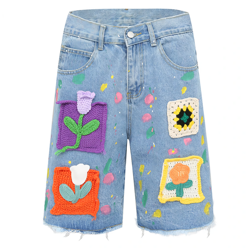 'Brushstroke' Embroidered Denim Shorts