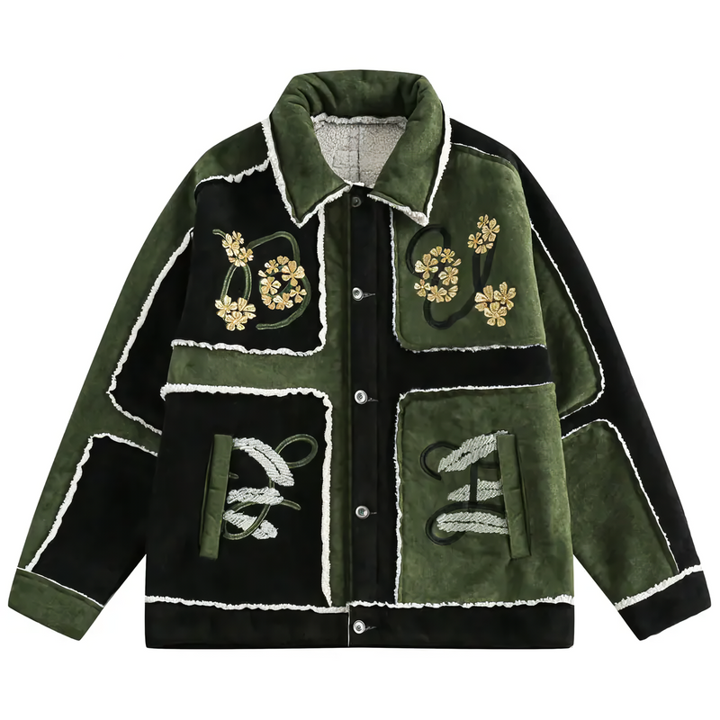 'Grove' Floral Suede Embroidered Fleece Jacket