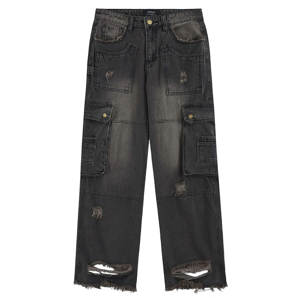 Distressed Black Denim Cargo Jeans