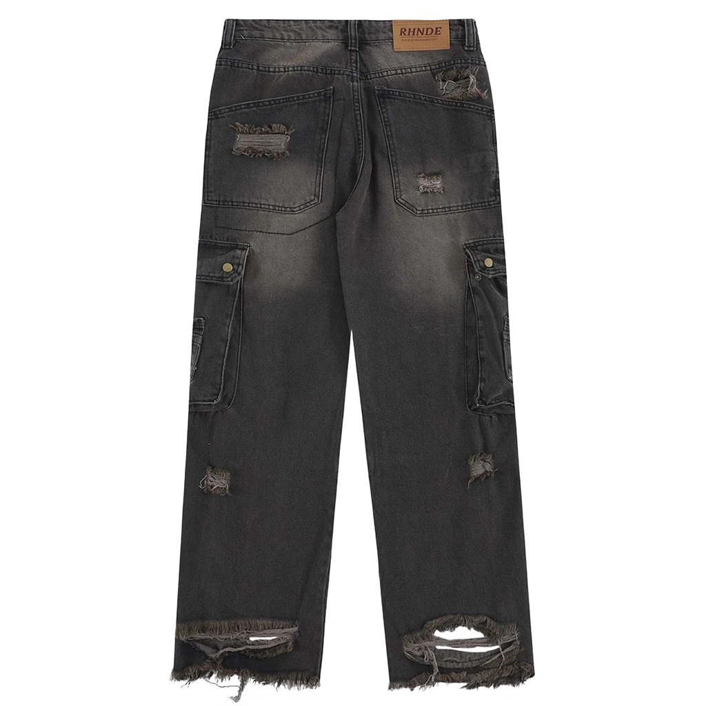 Distressed Black Denim Cargo Jeans