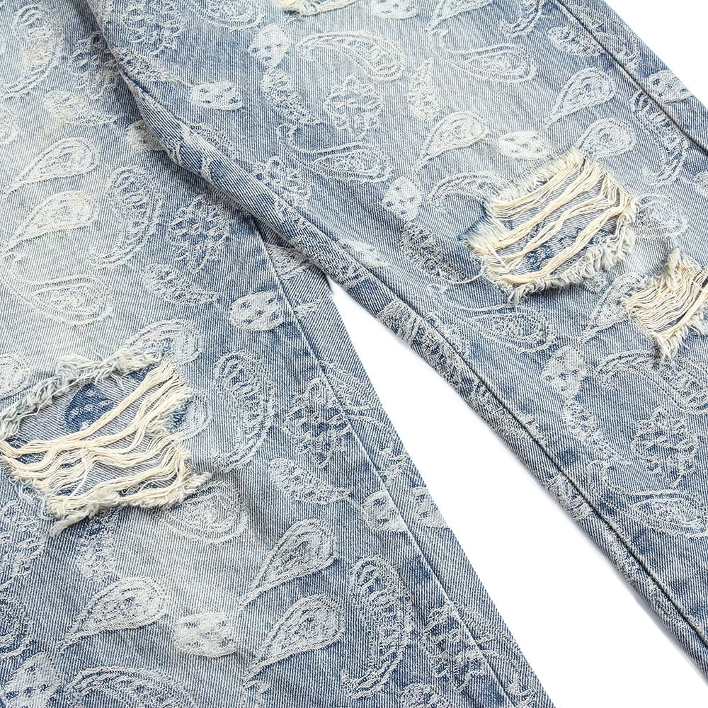 Ulti Ripped Jean Pattern CLOUT COLLECTION ™ | Ripped Denim Jeans with Ankle Zip and Paisley ...