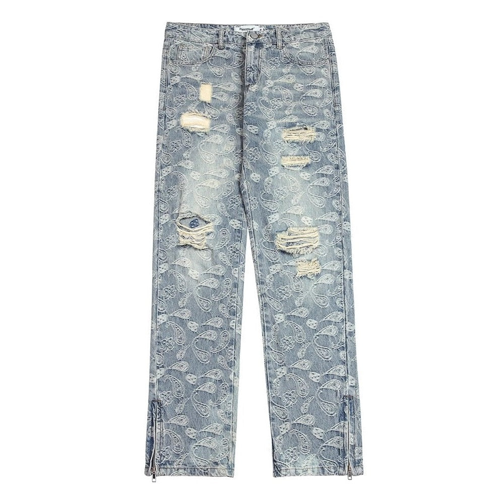 Ripped Denim Jeans with Ankle Zip and Paisley Pattern Embroidery
