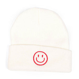 Smiley Face Embroidered Plain Knit Beanie