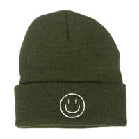 Smiley Face Embroidered Plain Knit Beanie