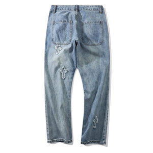 Frayed Cross Patch Denim Jeans