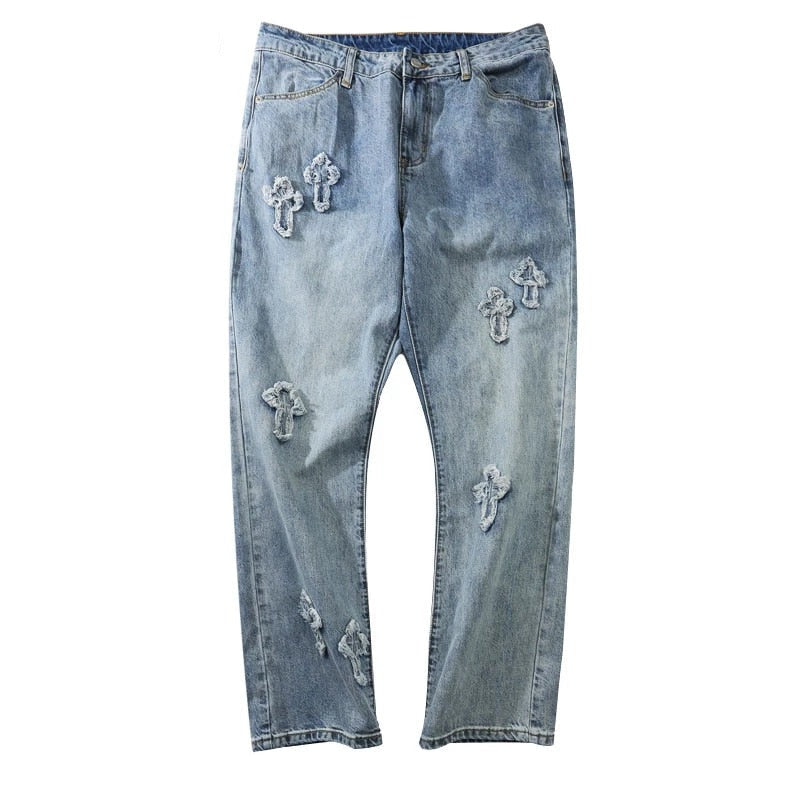 Blue Denim Jeans With Cross Patches