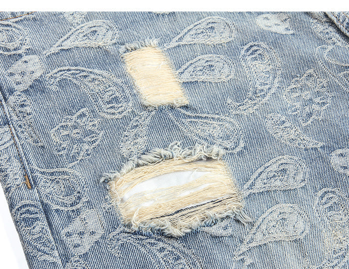 Ripped Denim Jeans with Ankle Zip and Paisley Pattern Embroidery