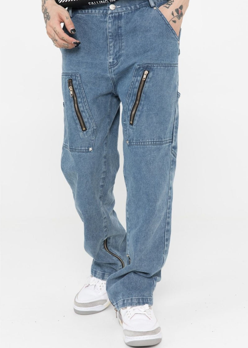 CLOUT COLLECTION ™ | Multi-Zip Vintage Wash Denim Cargo Jeans