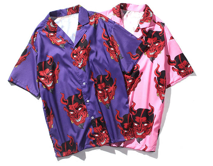 Silk Button Up in Devil Print - Clout Collection High Fashion Streetwear Men's and Women's