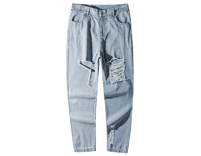 Light Wash Jeans with Heavy Distress - Clout Collection High Fashion Streetwear Men's and Women's