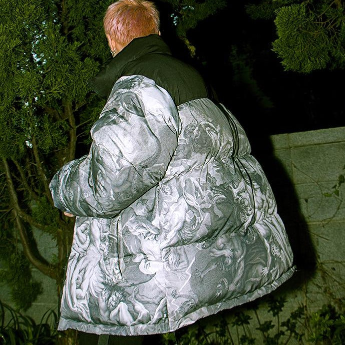 The Plague' Monochrome Print Down Puffer Jacket | Clout Collection