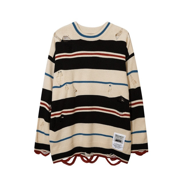 Striped Wool Sweater with Heavy Distress