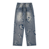 Custom Denim Note Patched Jeans with Slight Distress
