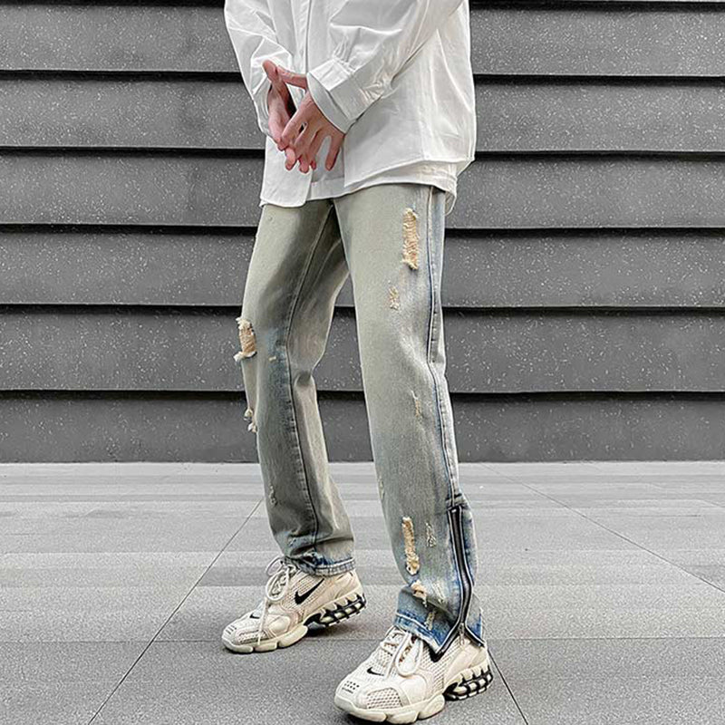 Tattered Denim Jeans with Ankle Zip