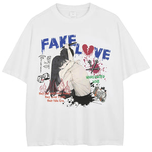 'Fake Love' Anime Flare Graphic Cotton T-Shirt