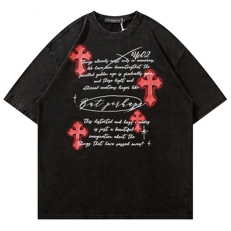 Gothic Print Retro Wash Cotton T-Shirt