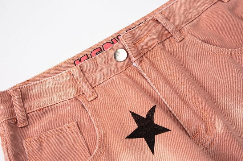 Loose Cut Star Print Denim Jeans in Salmon Wash
