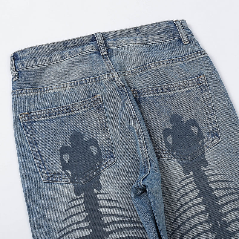 Skeletal Print Distressed Denim Jeans