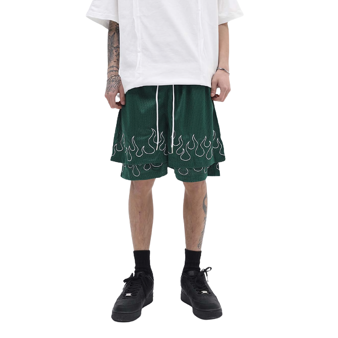 CLOUT COLLECTION ™  Double Layer Flame Embroidered Mesh Shorts